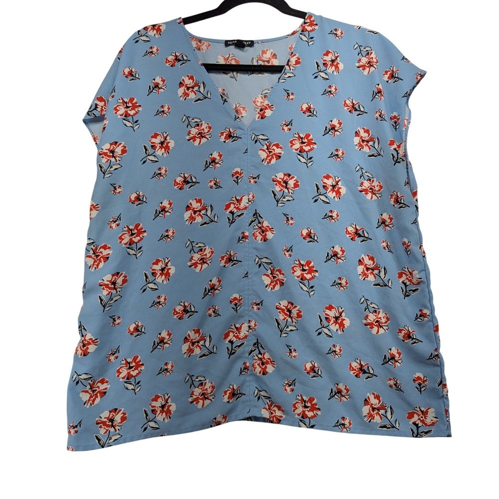 Hilary Radley Blue Floral V-Neck Cap‎ Sleeve Blouse Top Large